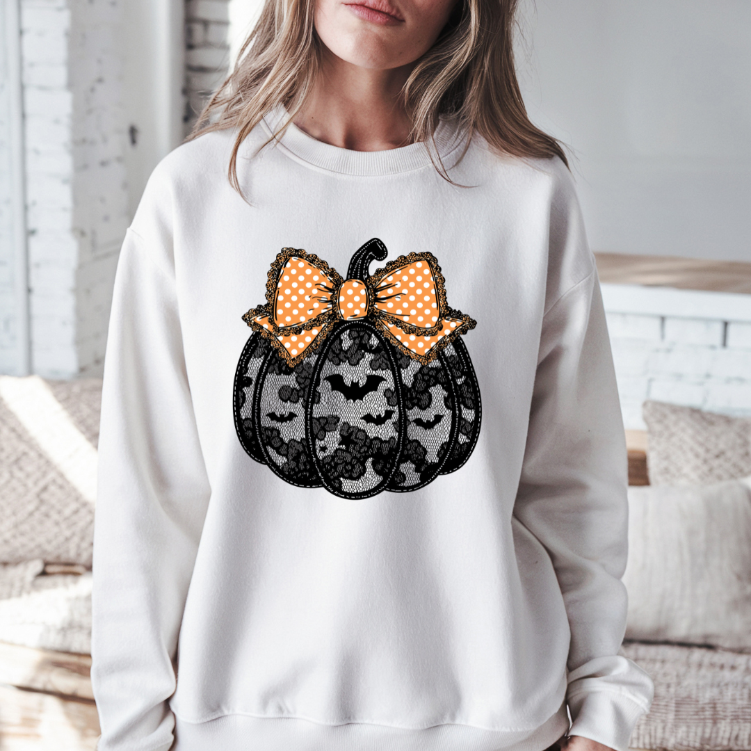 Black Lace Pumpkin Coquette Halloween Sweatshirt