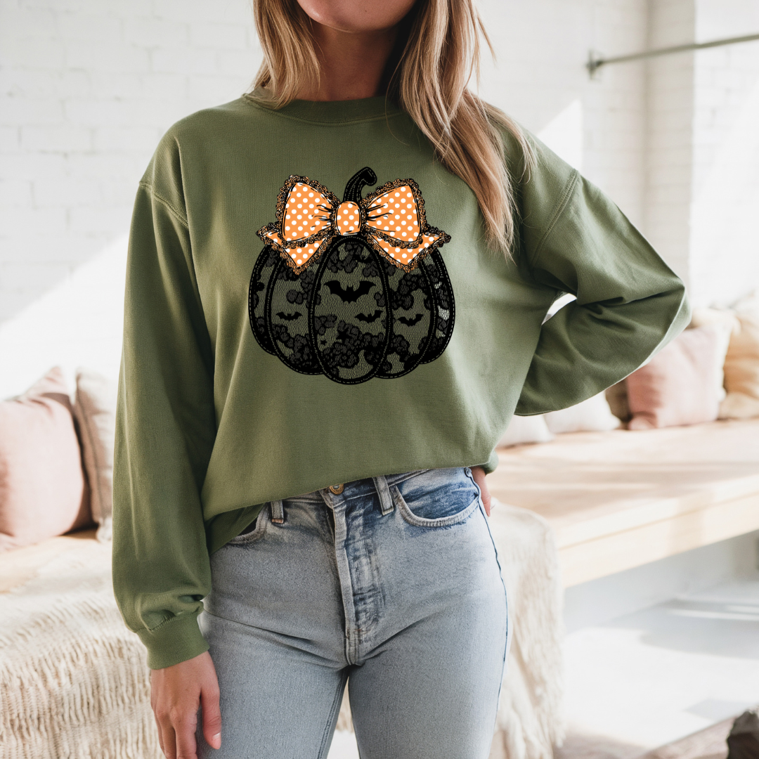 Black Lace Pumpkin Coquette Halloween Sweatshirt
