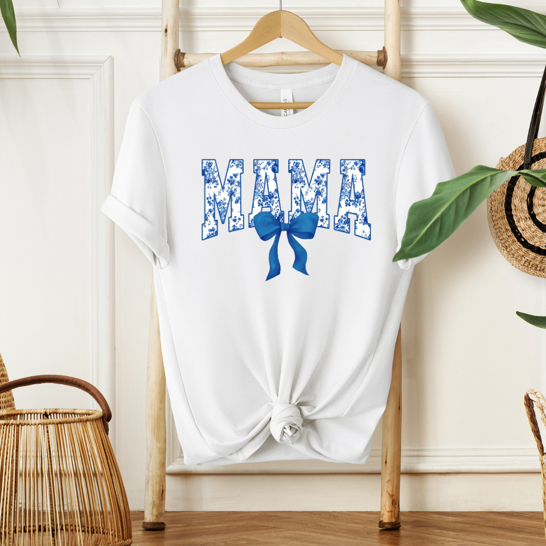 Mama Blue Floral Coquette Bow Tshirt
