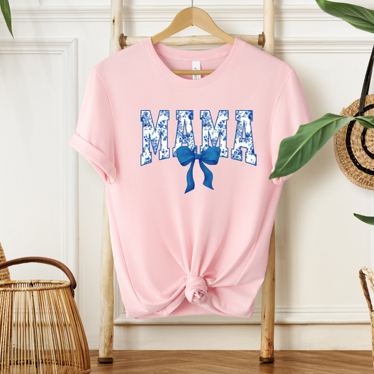 Mama Blue Floral Coquette Bow Tshirt