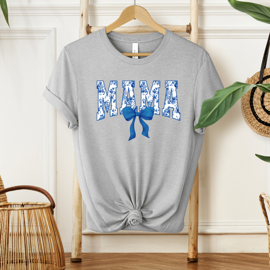 Mama Blue Floral Coquette Bow Tshirt