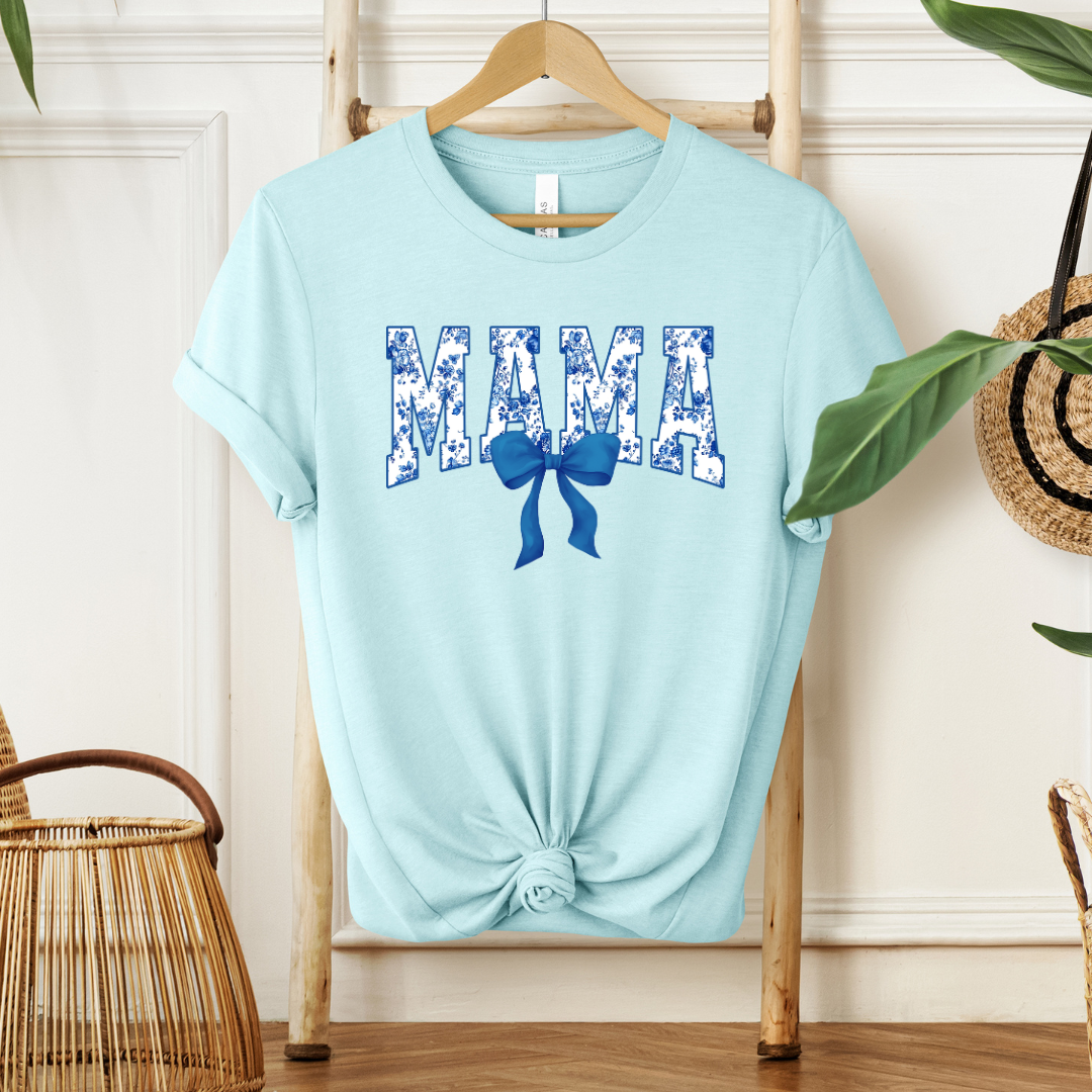 Mama Blue Floral Coquette Bow Tshirt