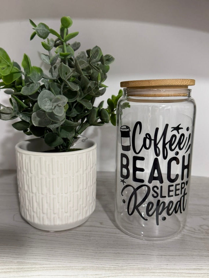 Coffee Beach Sleep Repeat| Sipper Glass, 16 oz