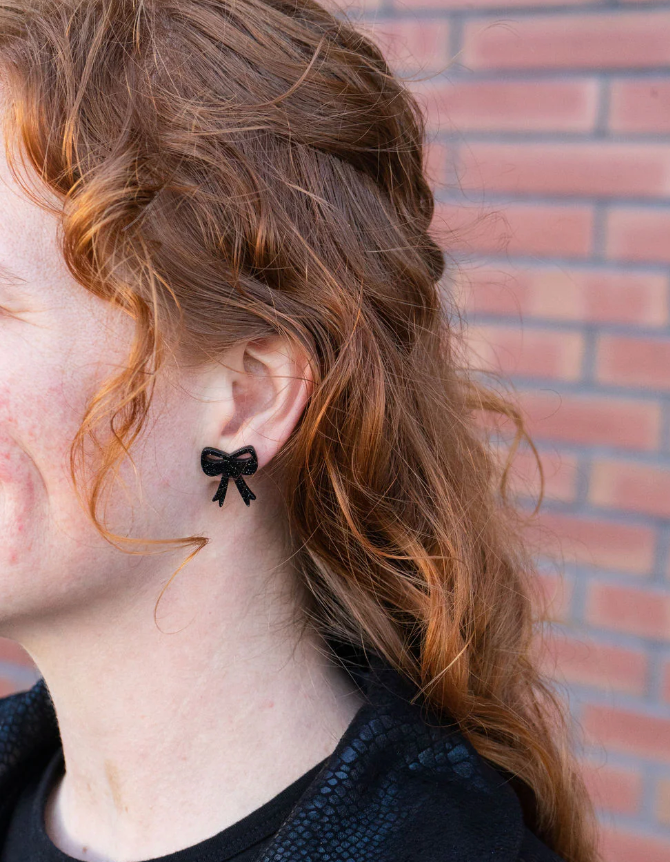 Bow Studs - Black Glitter