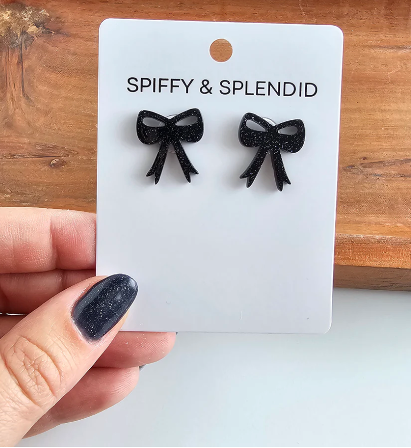 Bow Studs - Black Glitter
