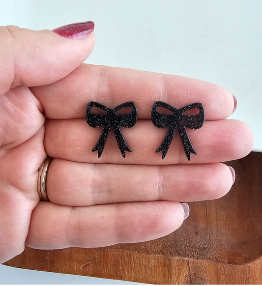 Bow Studs - Black Glitter