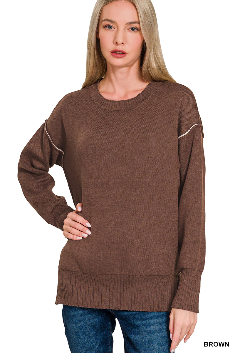 Zenana Round neck contrast trim sweater