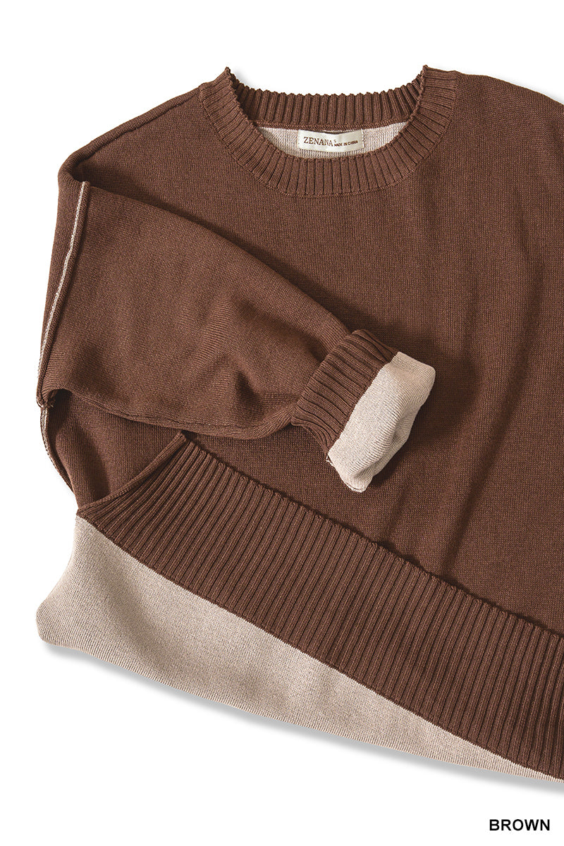 Zenana Round neck contrast trim sweater