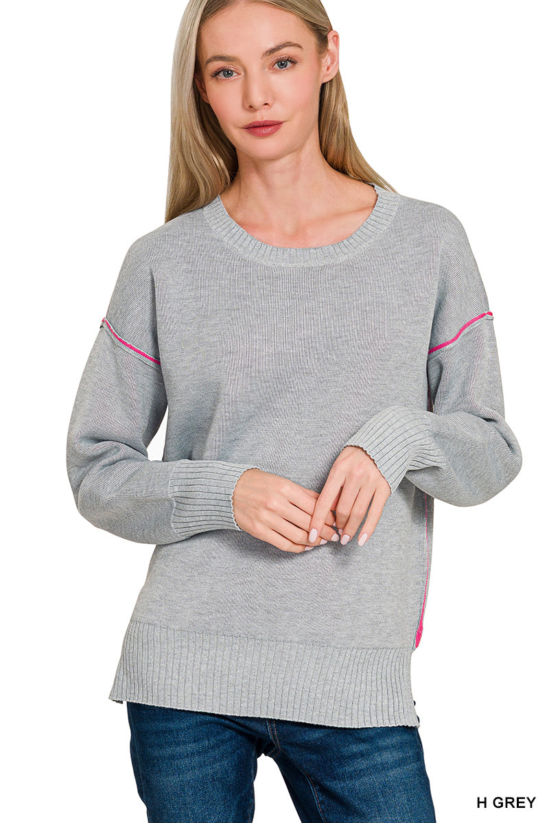 Zenana Round neck contrast trim sweater