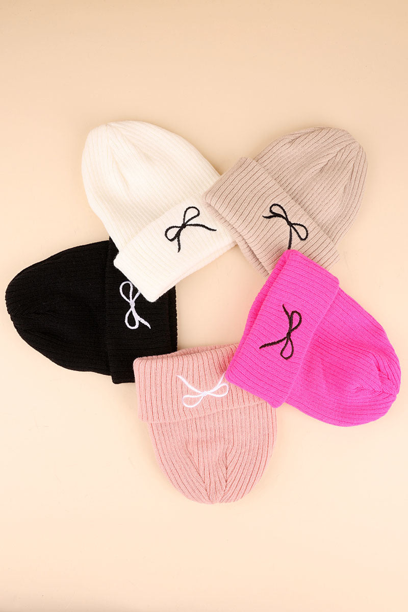 Zenana Coquette bow embroidered knitted beanie
