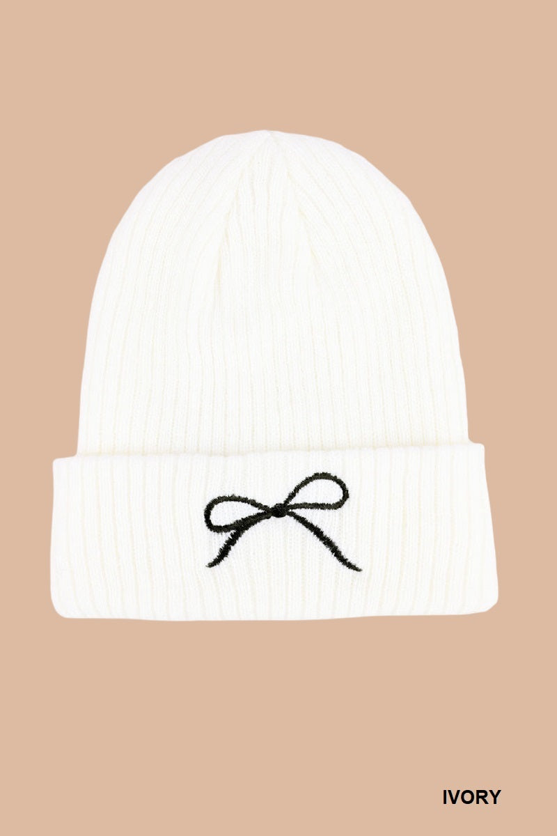 Zenana Coquette bow embroidered knitted beanie