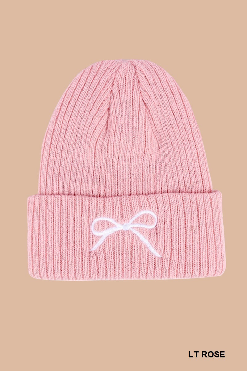 Zenana Coquette bow embroidered knitted beanie