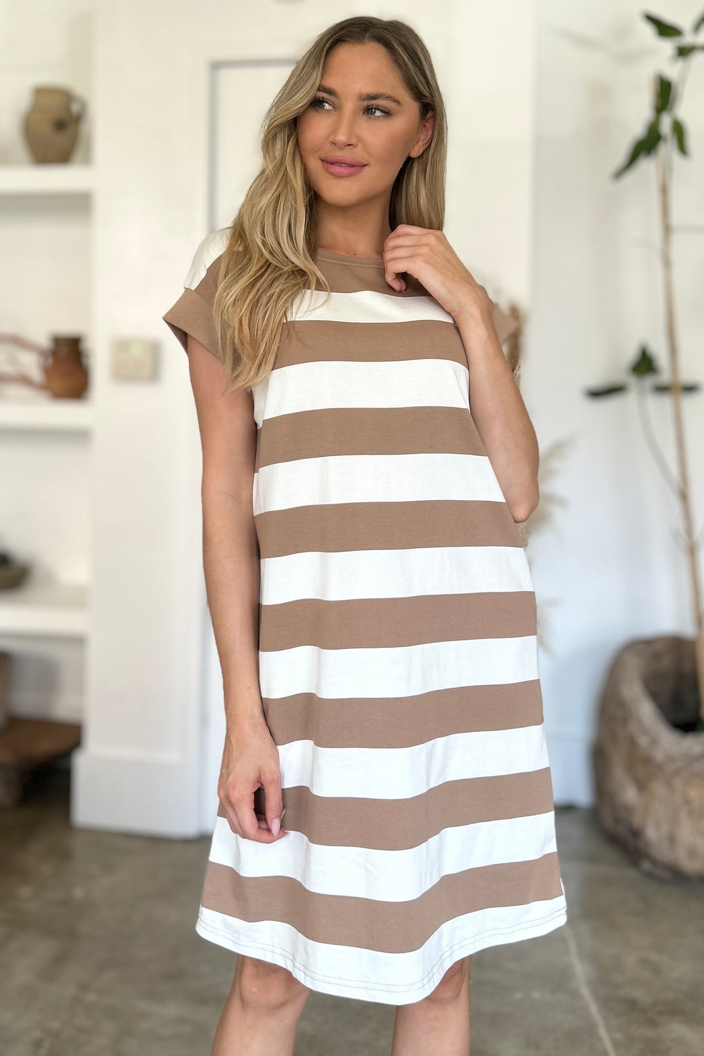 Basic Bae Full Size Striped Round Neck Cap Sleeve Mini Dress MadreForte LLC