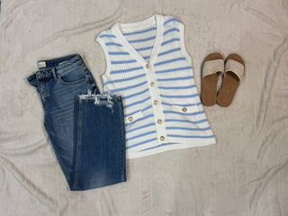 Stripe V Neck Gold Buttons Elegant Sweater Vest