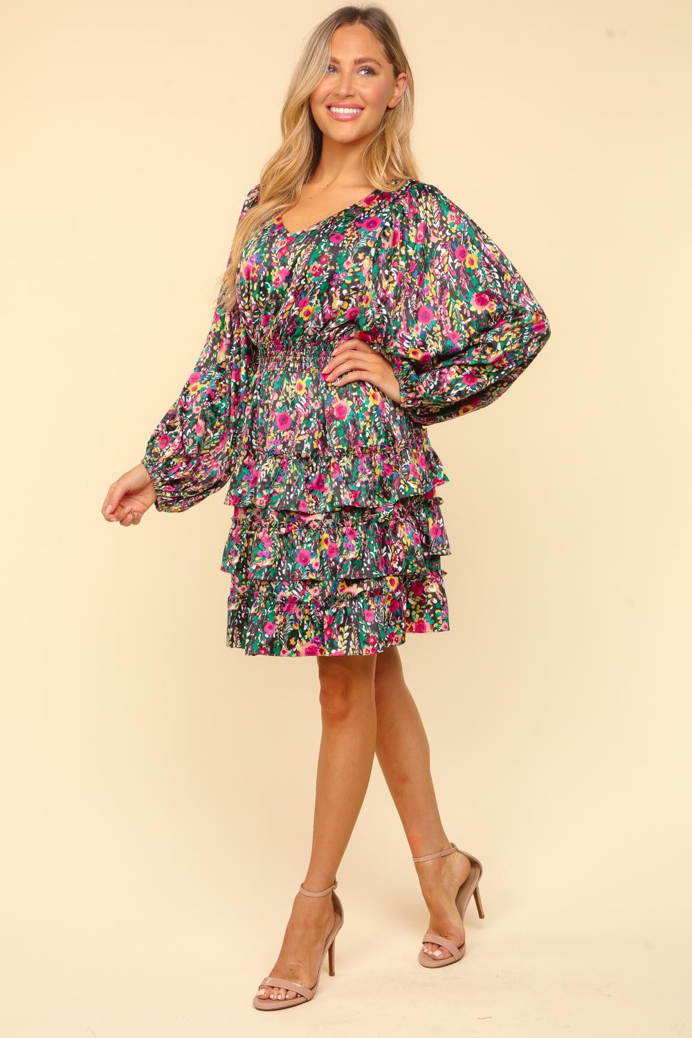 Haptics V-Neck Satin Floral Layered Dress MadreForte LLC