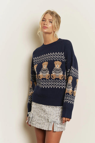 Holiday Bear Motif Crew Neck Knit Sweater