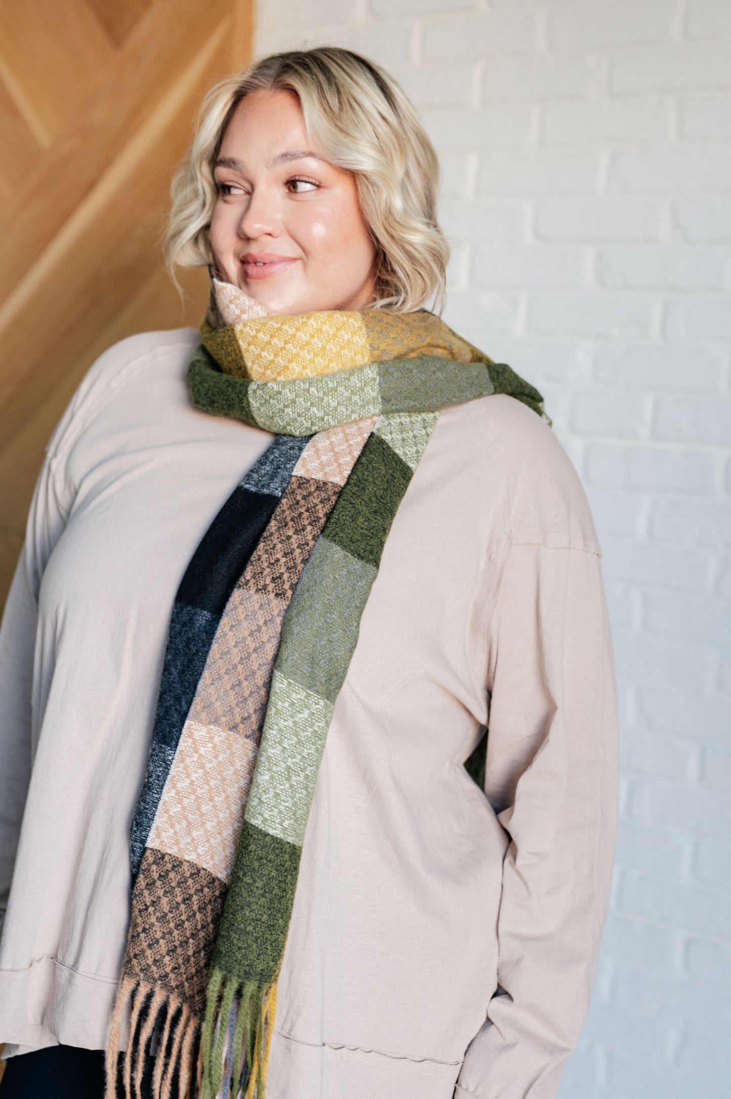 Keep Me Cozy Checkered Fringe Scarf in Woodland Shades MadreForte LLC