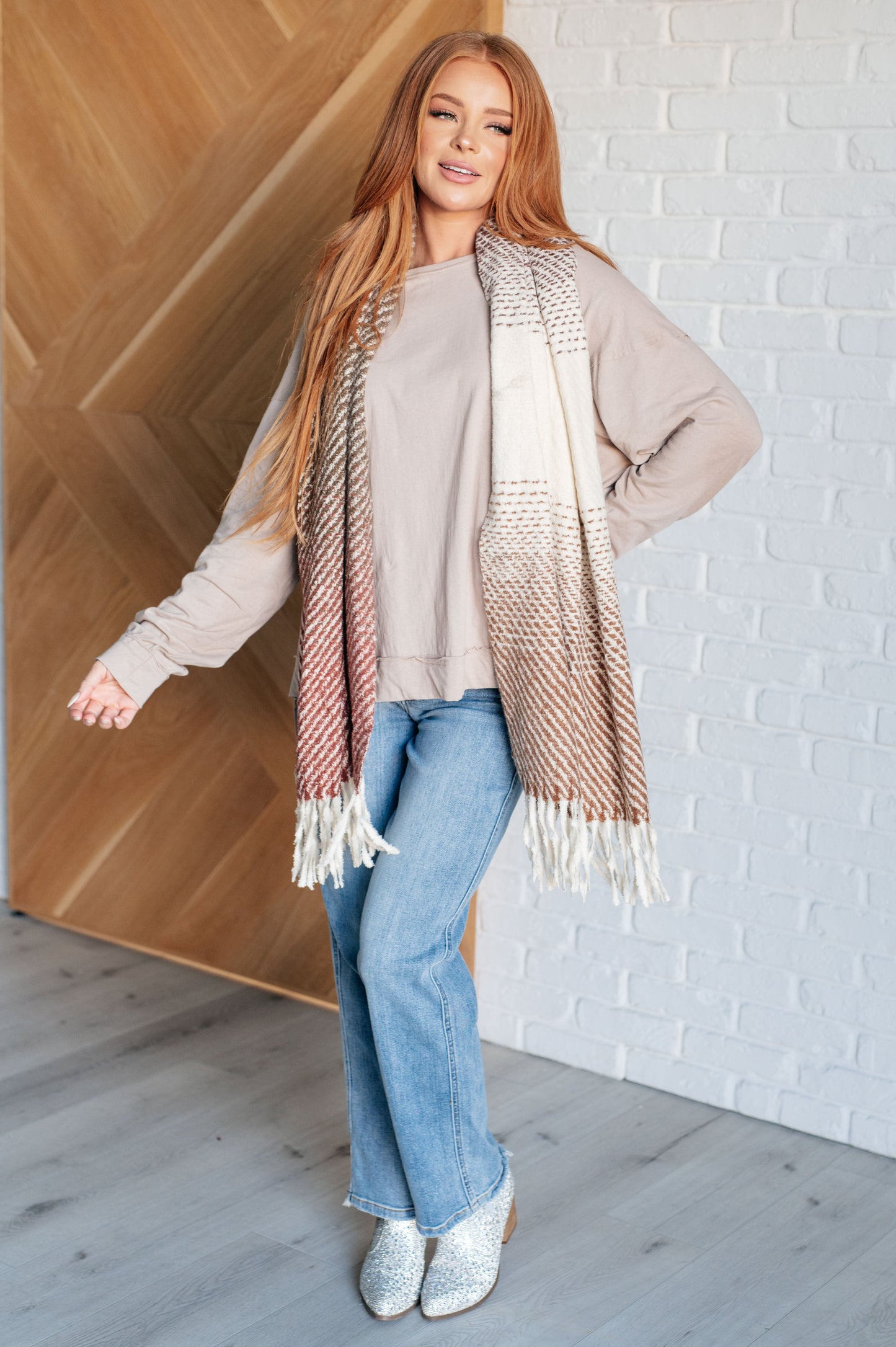 Cold Front Fringe Scarf in Coffee and Red MadreForte LLC