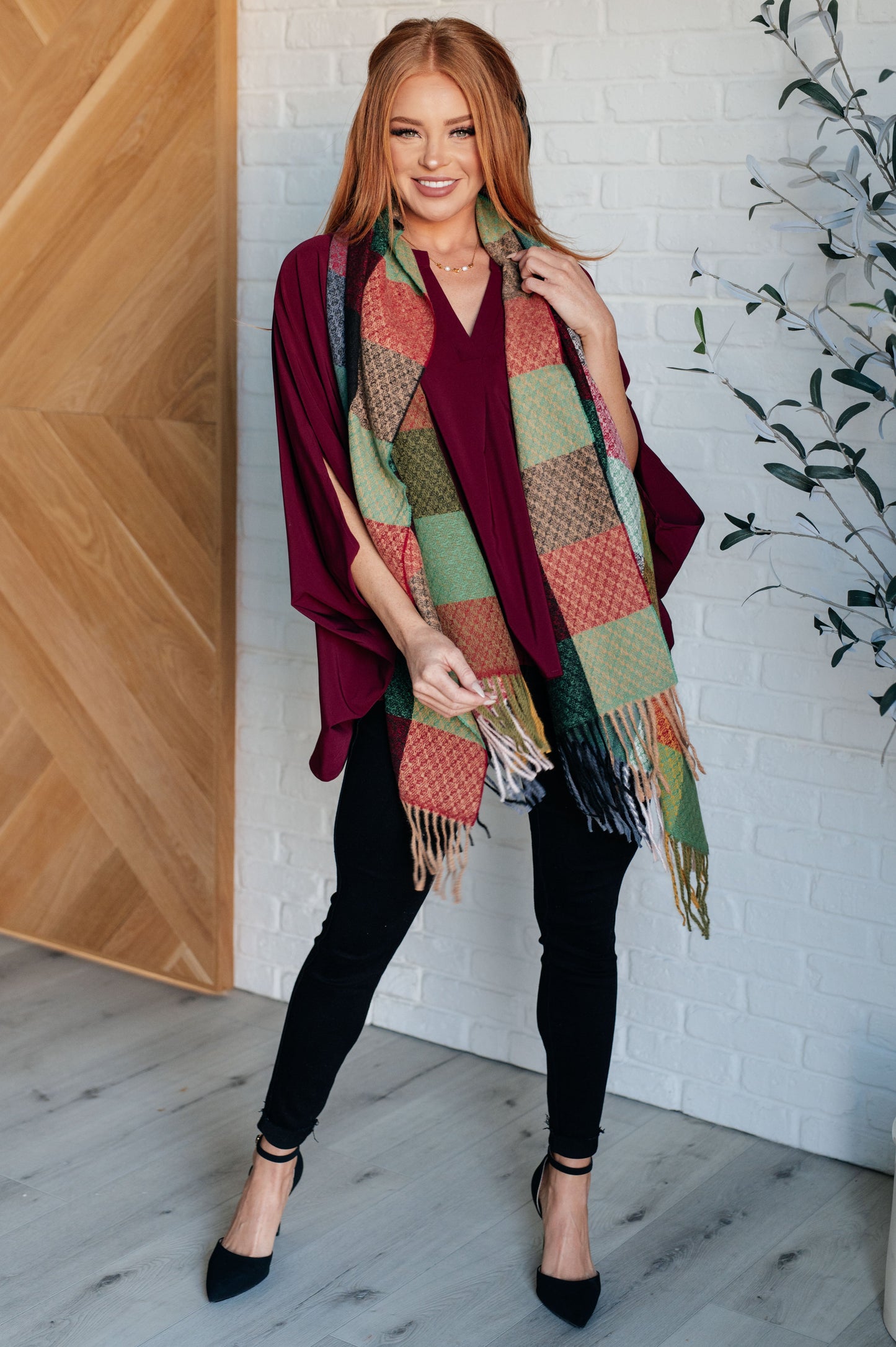 Keep Me Cozy Checkered Fringe Scarf in Berry MadreForte LLC