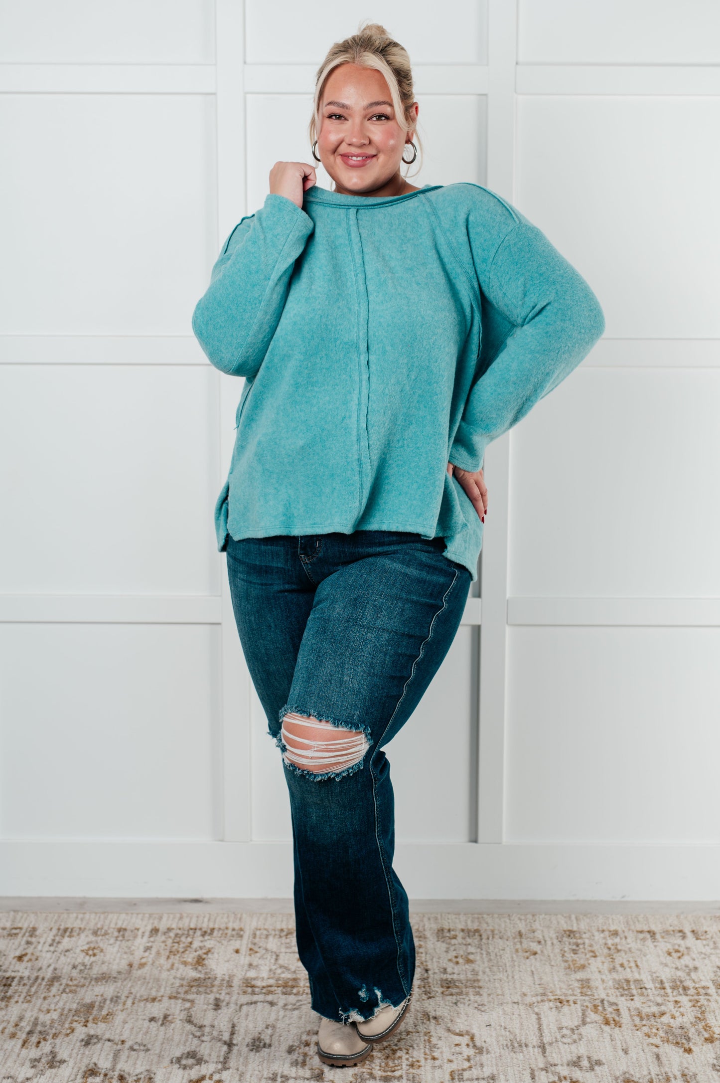 Simple Silhouette Brushed Hacci Sweater in Dusty Teal MadreForte LLC