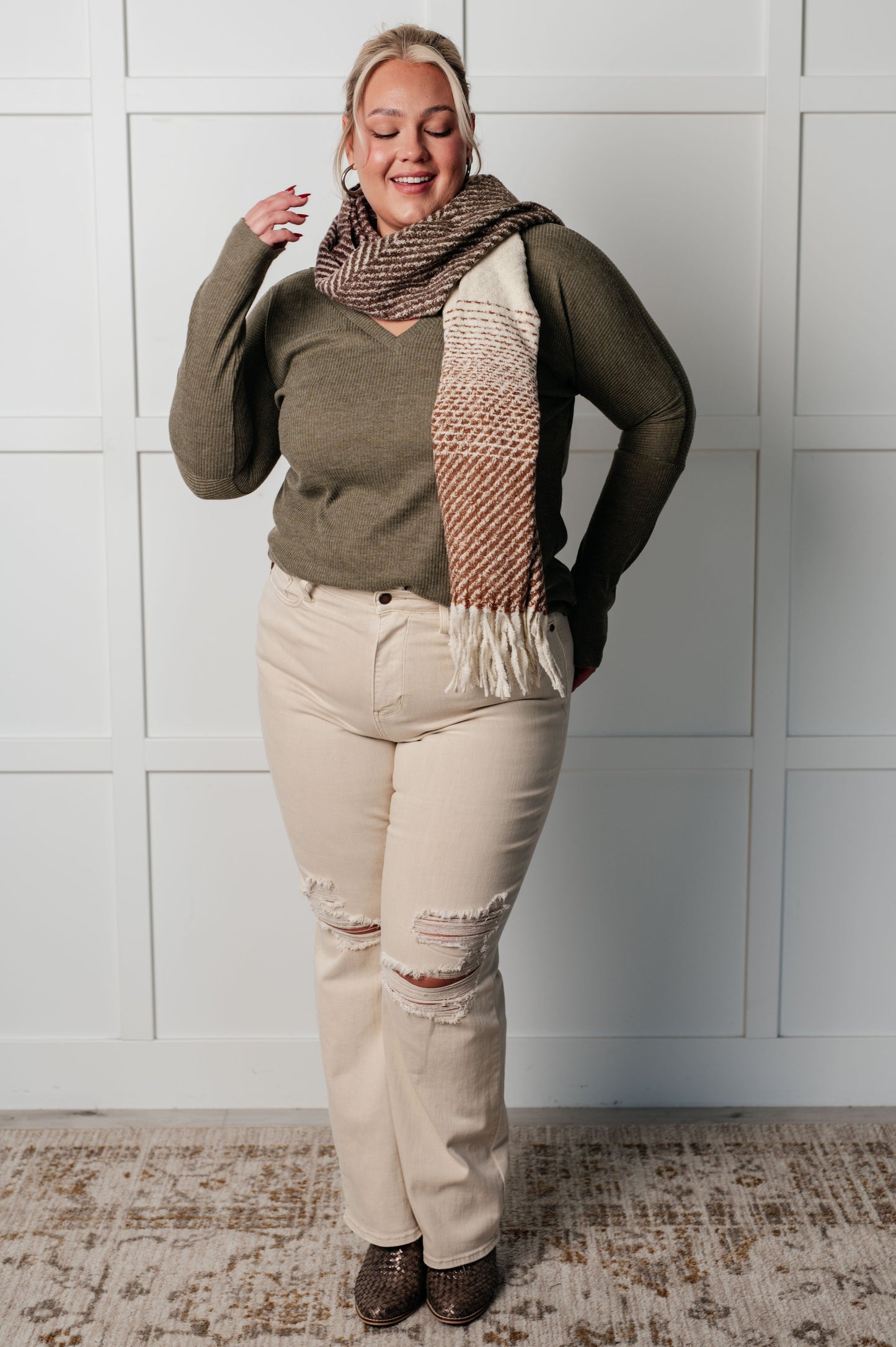 Cold Front Fringe Scarf in Coffee and Red MadreForte LLC