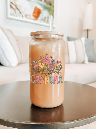Grandma Floral Glass Can Tumbler.
