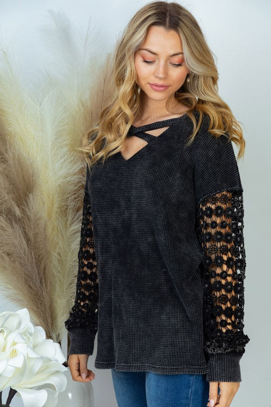 Thermal V-Neck Lace Long Sleeve Top in Black MadreForte LLC