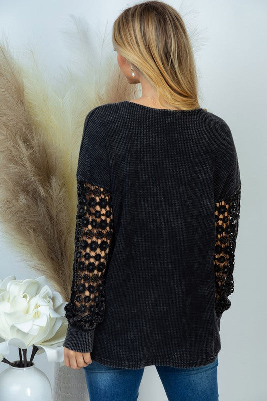 Thermal V-Neck Lace Long Sleeve Top in Black MadreForte LLC