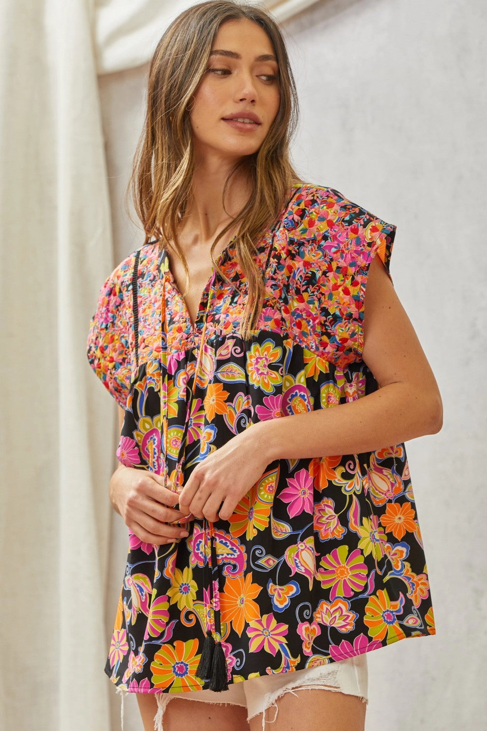 Multicolored Print Babydoll Top with Floral Embroidery MadreForte LLC