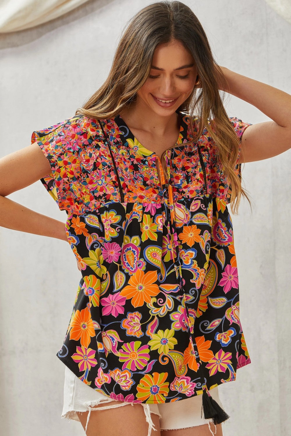 Multicolored Print Babydoll Top with Floral Embroidery MadreForte LLC