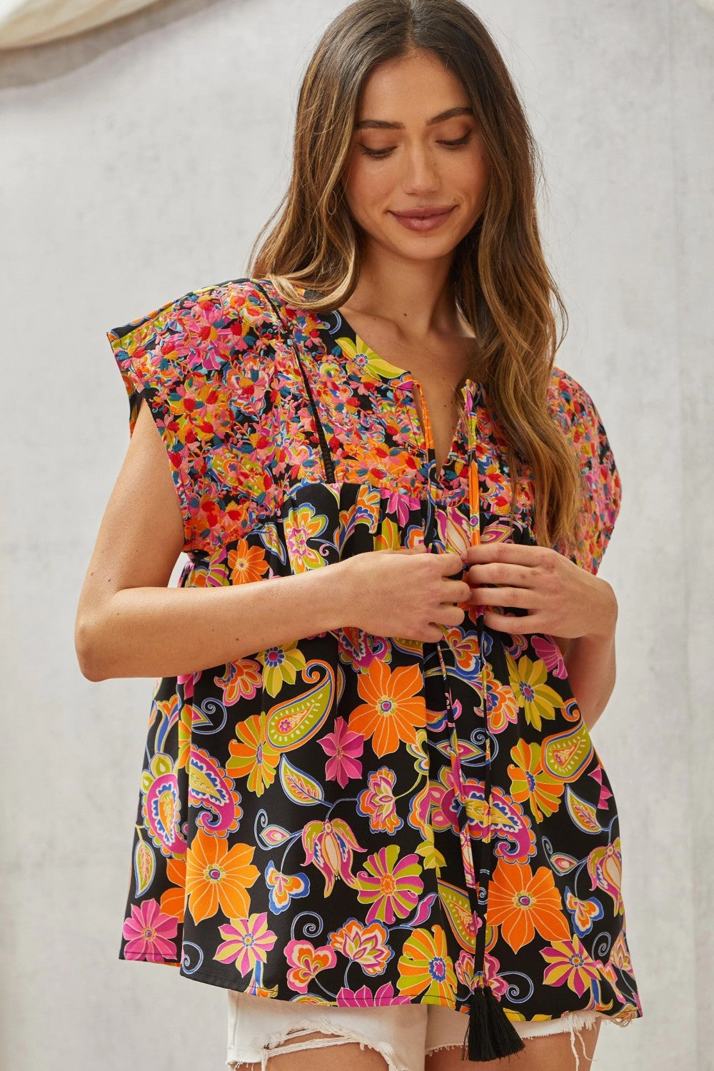 Multicolored Print Babydoll Top with Floral Embroidery MadreForte LLC