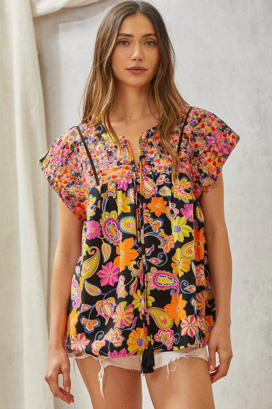 Multicolored Print Babydoll Top with Floral Embroidery MadreForte LLC