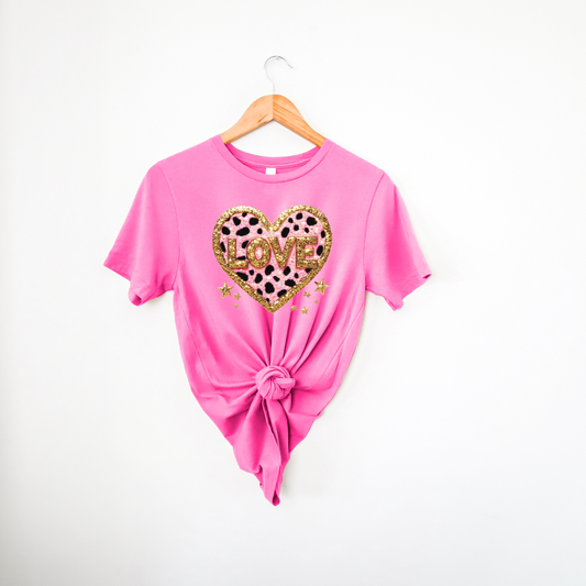 Leapard Gold Pink Heart-Tee or Sweater MadreForte LLC