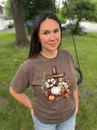 Rustic Floral Pumpkin Cross Tee