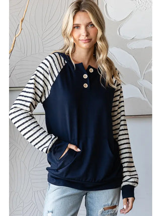 Stripe Contrast Hooded Knit Top Navy Blue