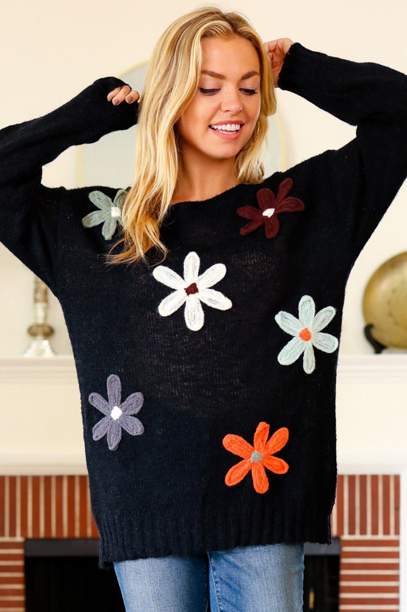 Long Sleeve Flower Patches Sweater Knit Top MadreForte LLC