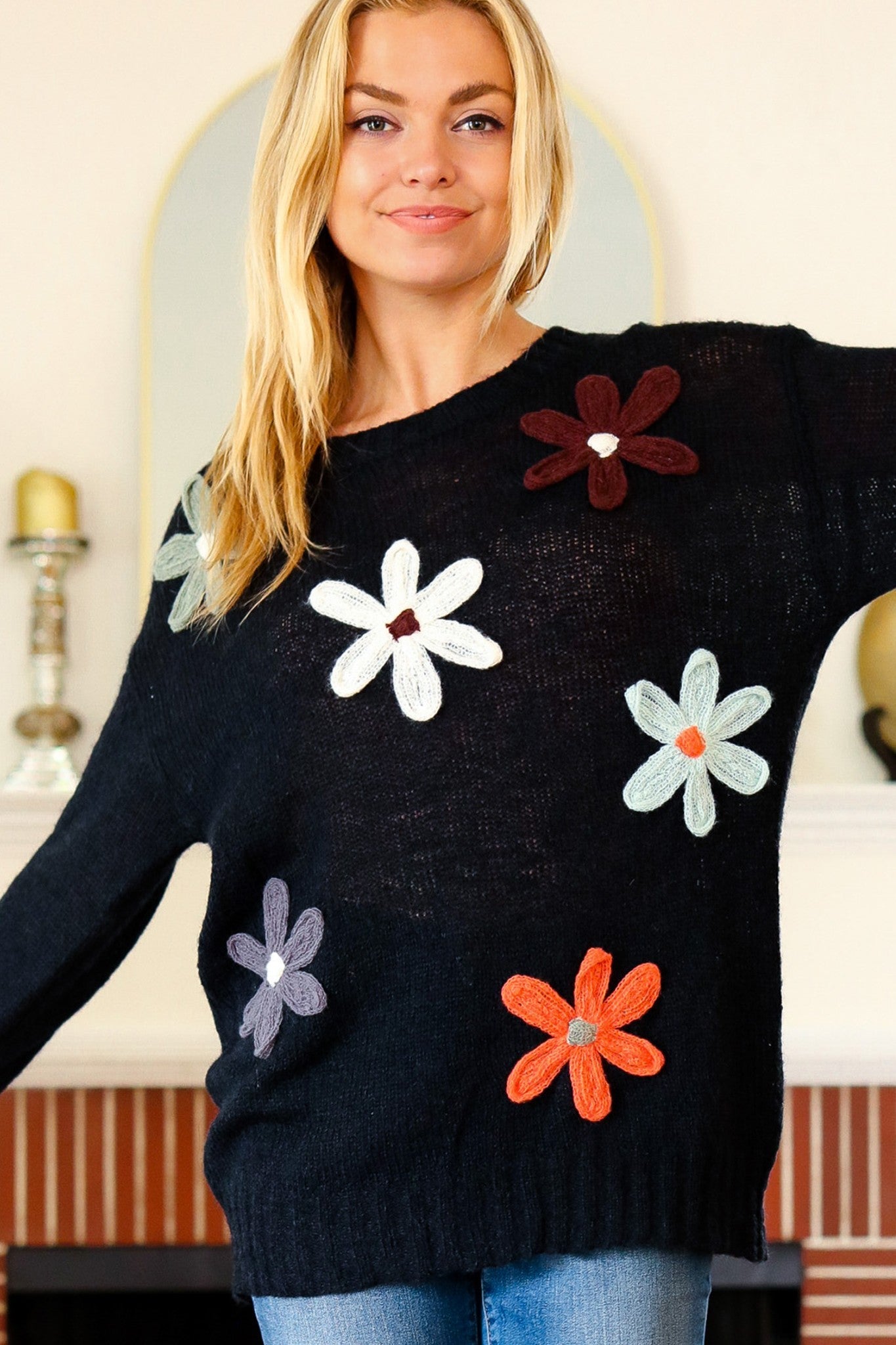 Long Sleeve Flower Patches Sweater Knit Top MadreForte LLC