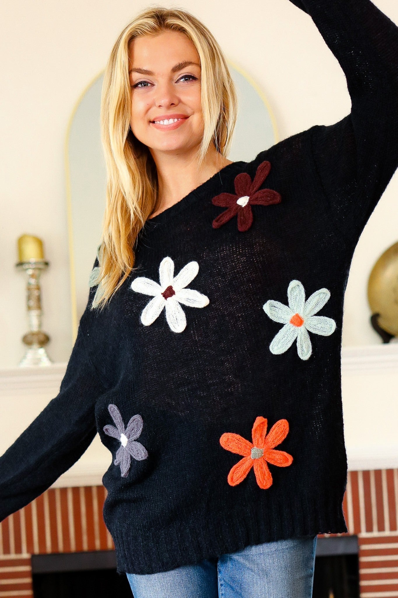 Long Sleeve Flower Patches Sweater Knit Top MadreForte LLC