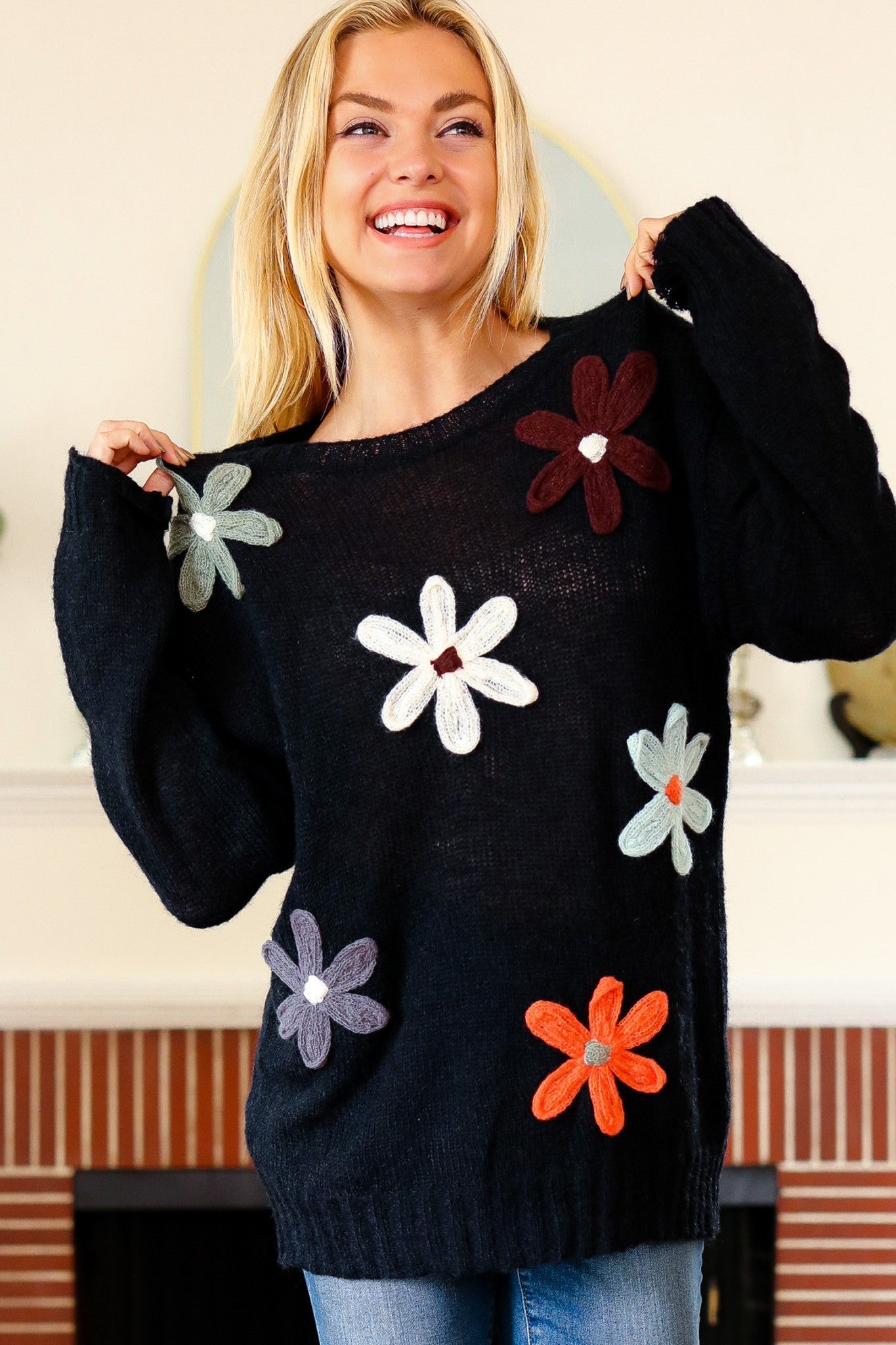 Long Sleeve Flower Patches Sweater Knit Top MadreForte LLC