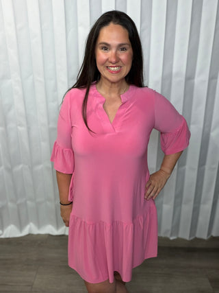 Shirred Tiered Relaxed 3/4 Sleeve Dress