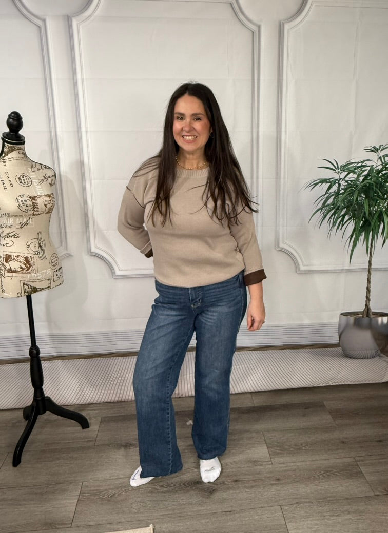 Zenana Round neck contrast trim sweater