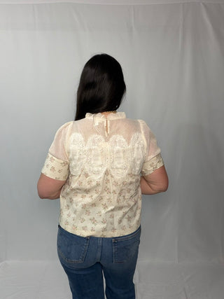 SO ME Floral Print Lace Trim Cotton Blouse