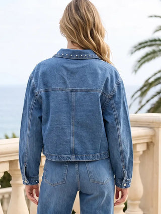 Pearl Studded Cropped Denim Jacket