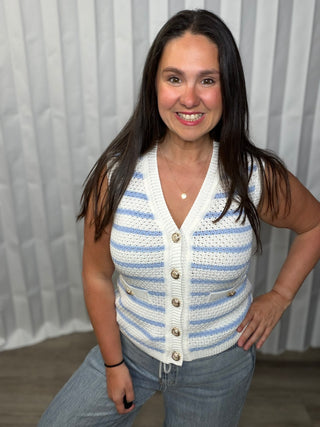 Stripe V Neck Gold Buttons Elegant Sweater Vest