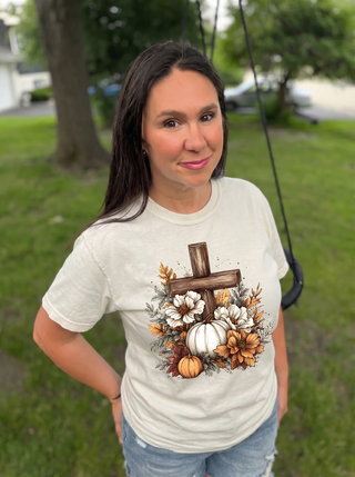 Rustic Floral Pumpkin Cross Tee