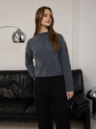 Raw Edge Mock Neck Button Down Cardigan