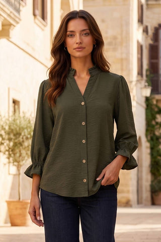 Dear Scarlett - Ruffle 3/4 Sleeve Button Down Front Blouse