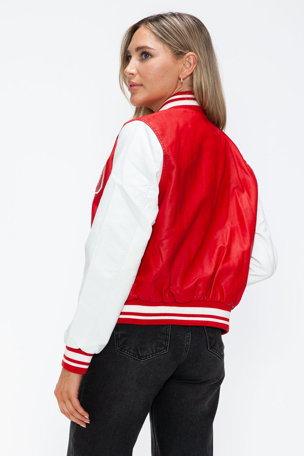 Love Me Now PU Leather Contrast Snap Down Bomber Jacket MadreForte LLC