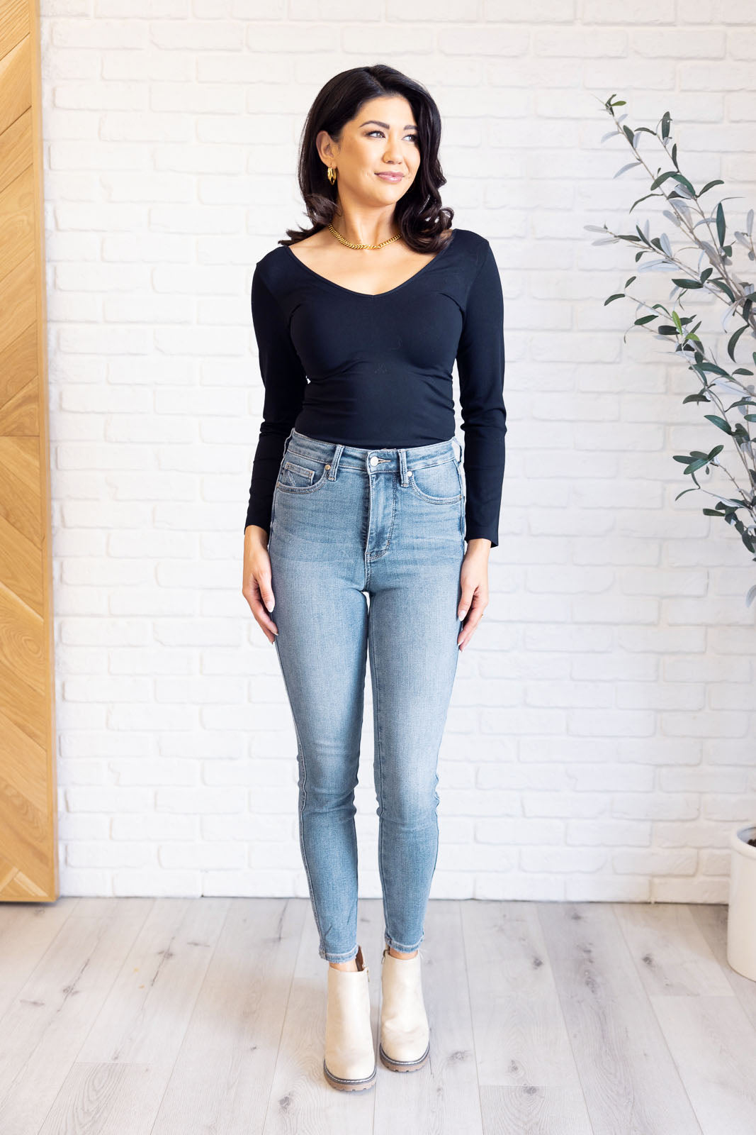 Justine High Rise Control Top Contrast Wash Skinny Jeans MadreForte LLC