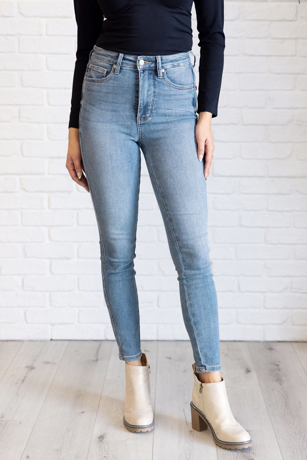 Justine High Rise Control Top Contrast Wash Skinny Jeans MadreForte LLC